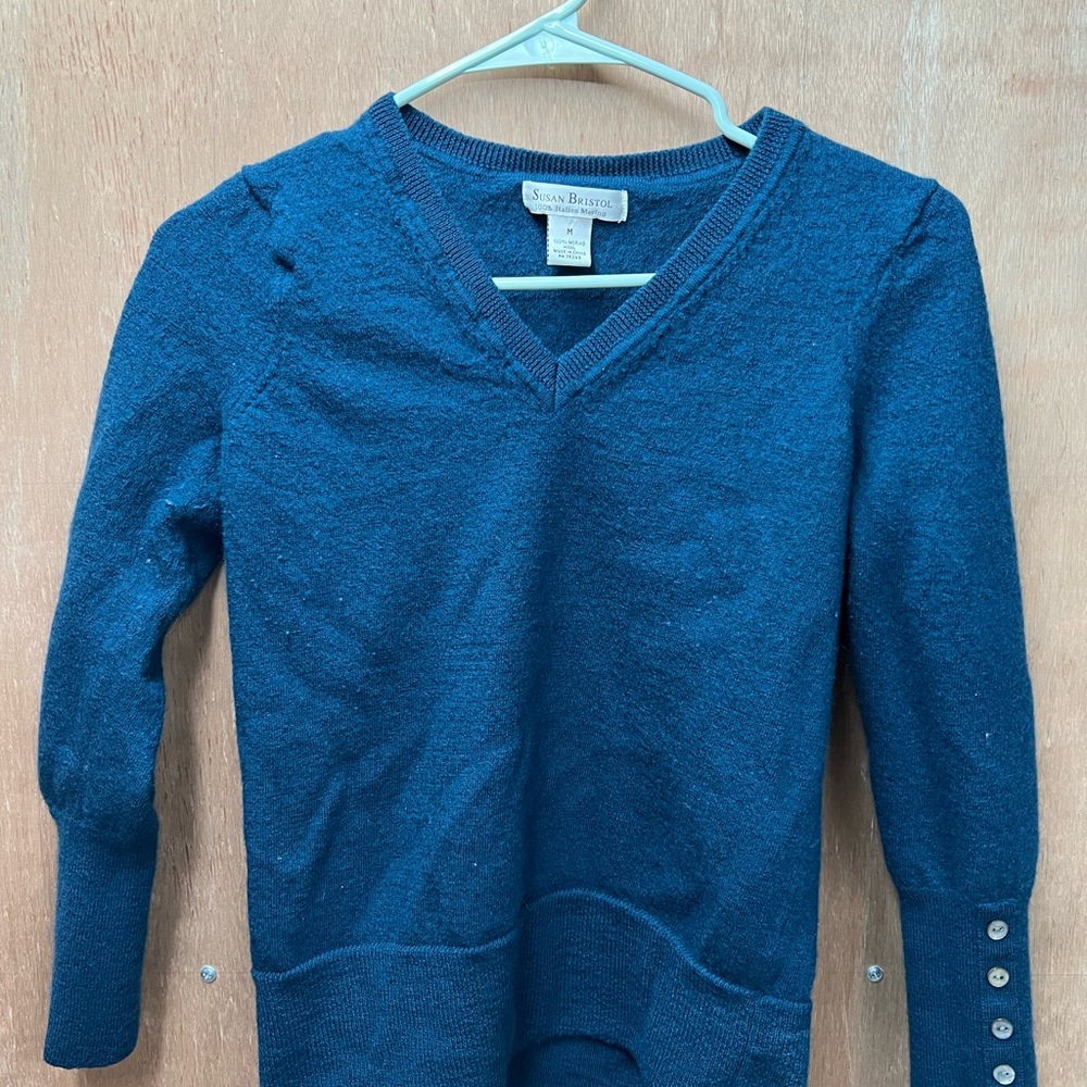 Blue Teal Merino Wool Vneck Sweater Cardigan Preppy
